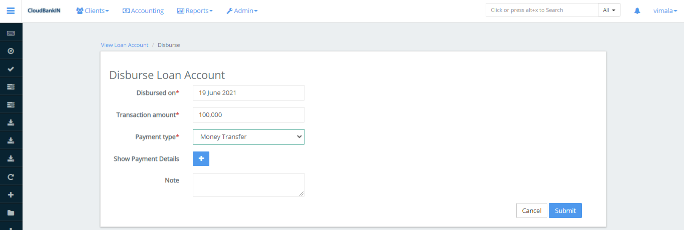 Create Loan - Disburse Loan Account
