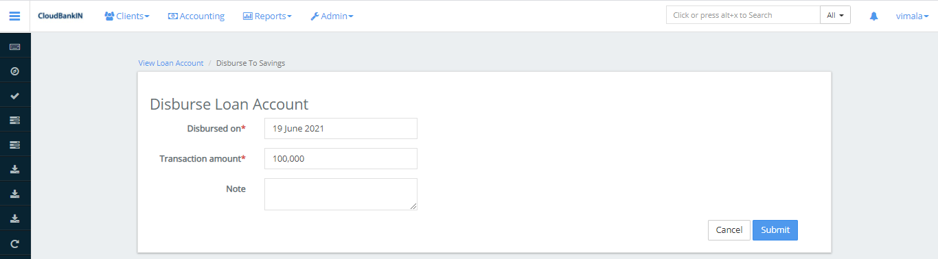 Create Loan - Disburse Loan Account1