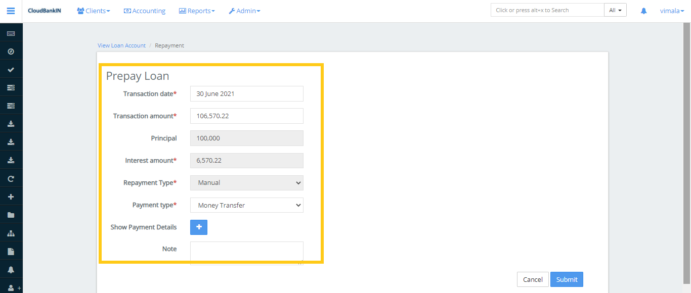 Create Loan - Prepay Loan