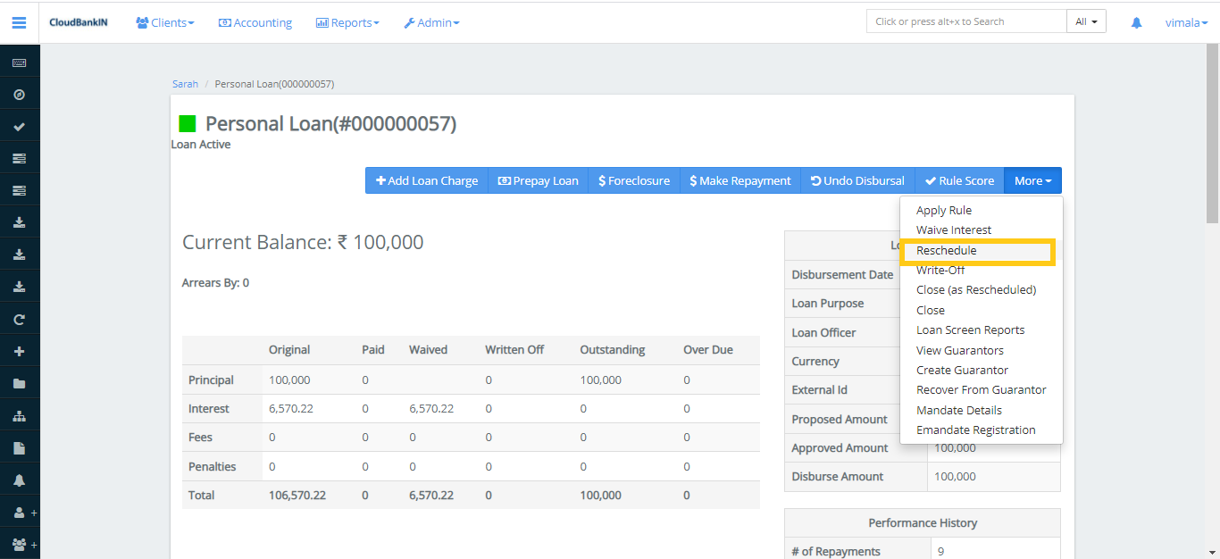 Create Loan - Reschedule