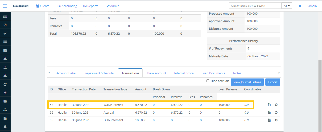Create Loan - Transaction Details