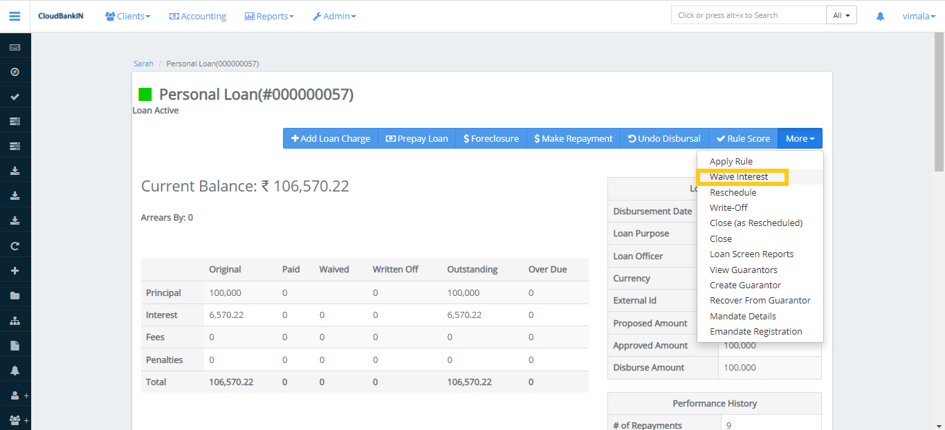 Create Loan - Waive Interest