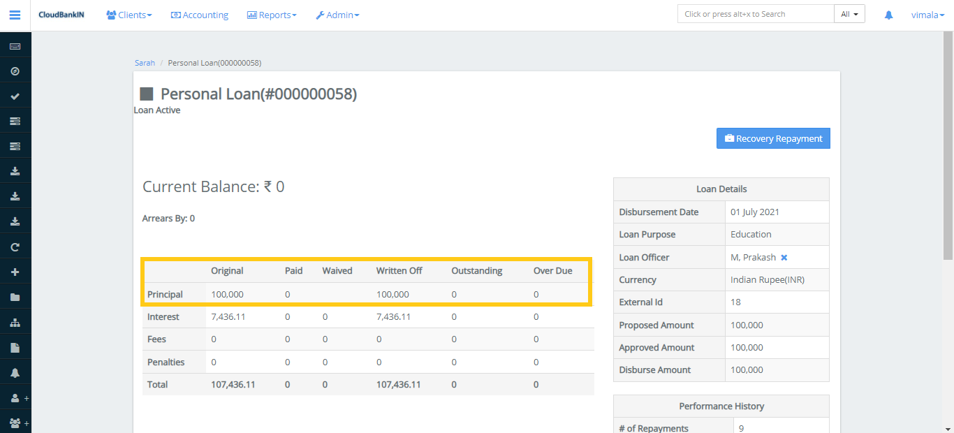 Create Loan - Write-Off Details
