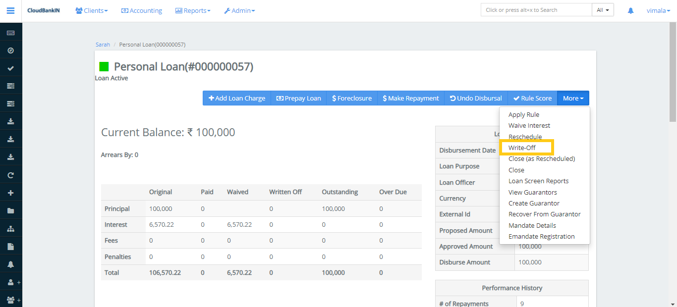Create Loan - Write-Off