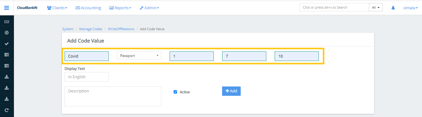 Manage Code - Add Code Value