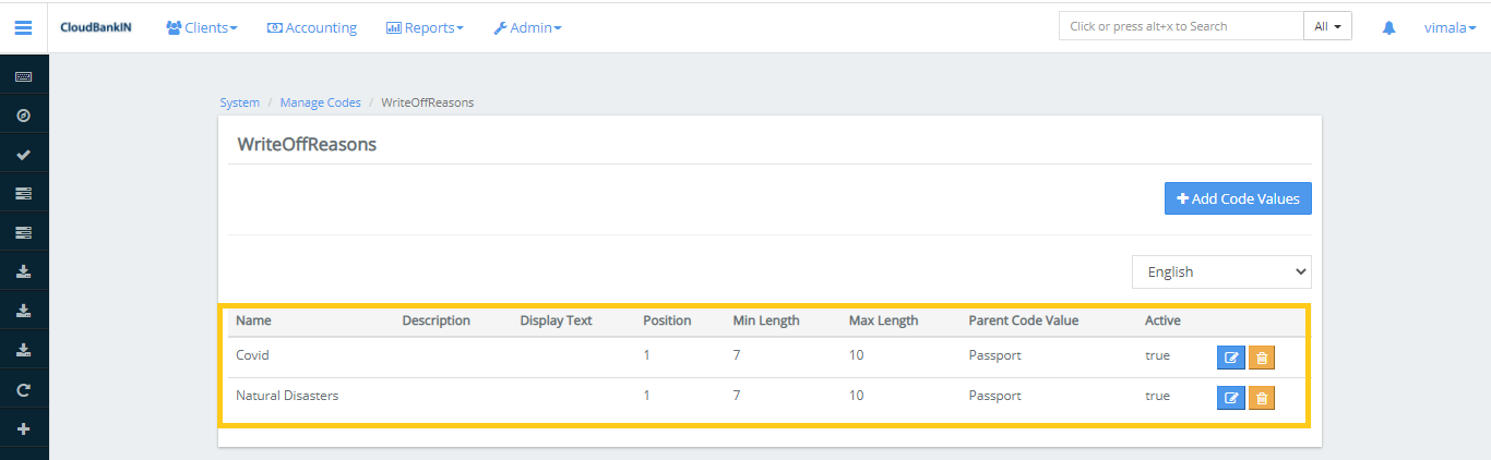 Manage Code - Added Code Value