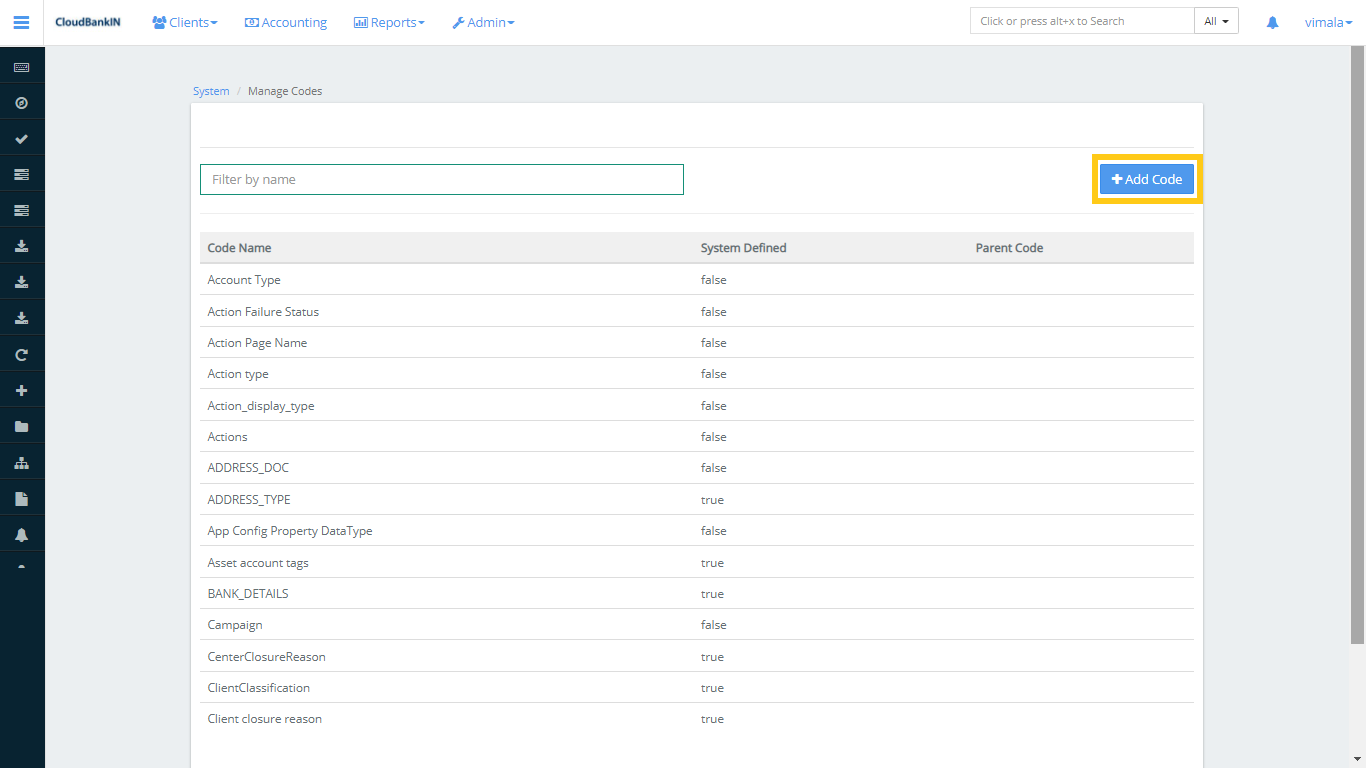 Manage Codes - Add Code