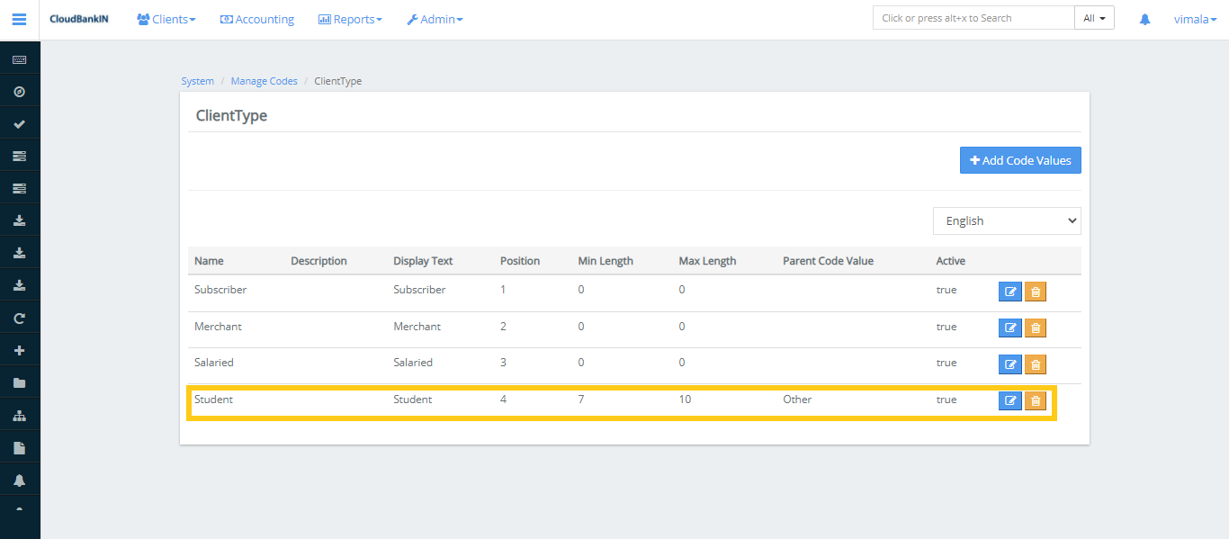 Manage Codes - Add Code Value