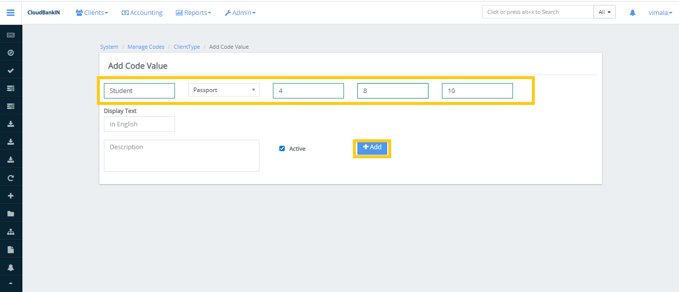 Manage Codes - Add Code Value Name