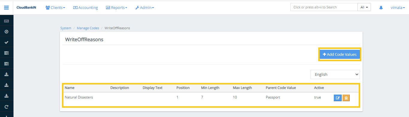 Manage Codes - Add Code Values