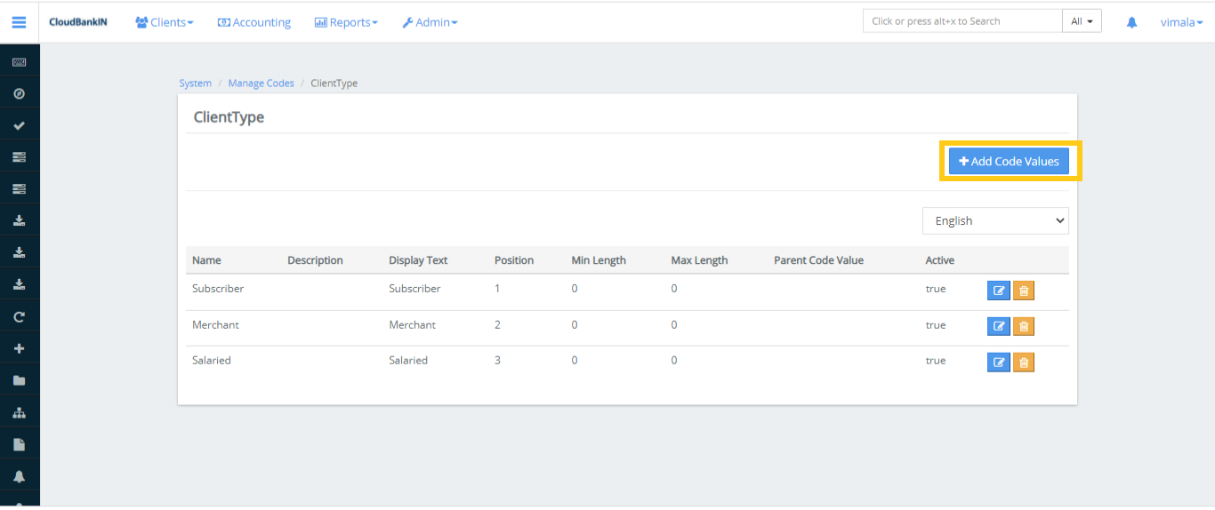 Manage Codes - Client - Add Code Values