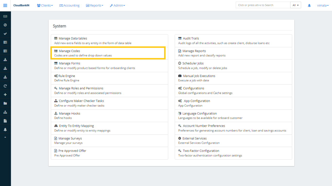 Manage Codes - Client Type