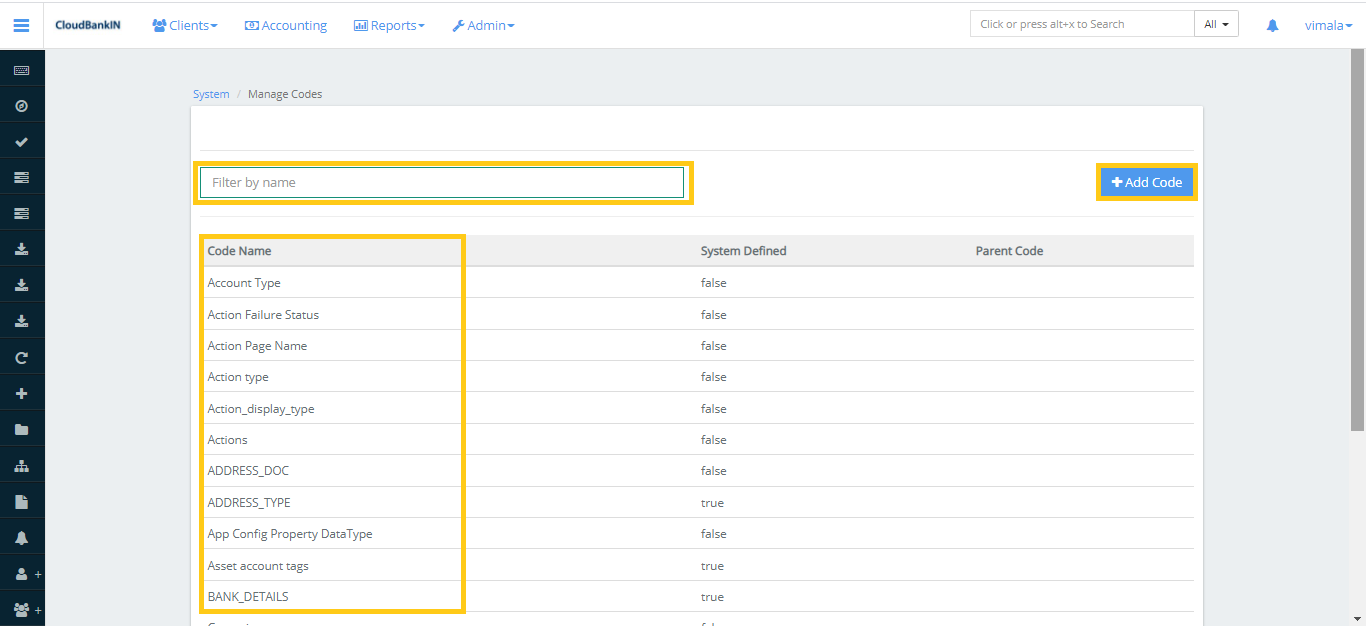 Manage Codes - Existing Codes