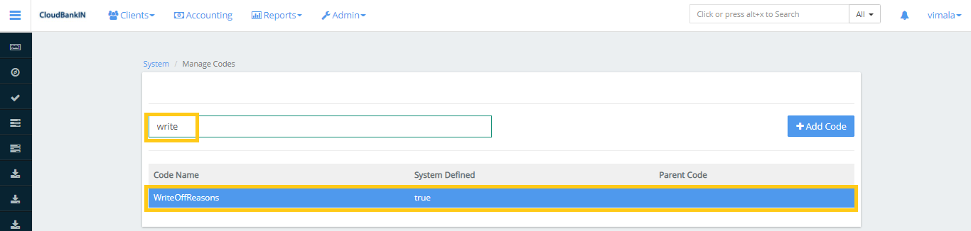 Manage Codes - Select Code