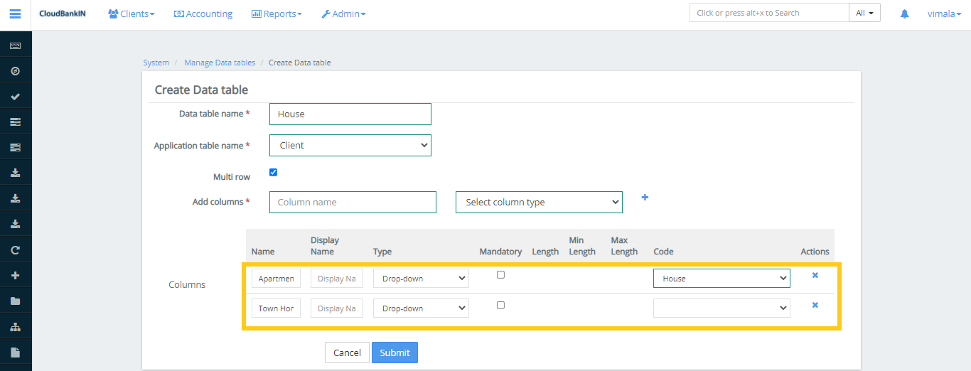 Mangae Data Table - Create Data Table