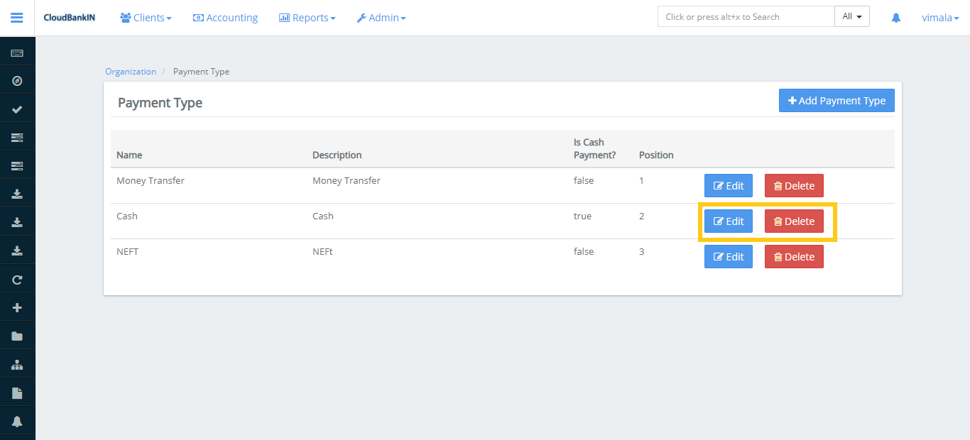 Payment Type Edit or Delete